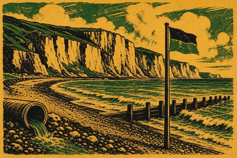 A shingle bay below chalk cliffs with a groyne running into the water and a flag pole on the foreshore, drawn as a two-ink letterpress print