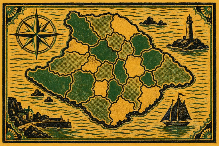 An island outline divided into ward blocks by bold rules over hatched sea, drawn as a two-ink letterpress map panel