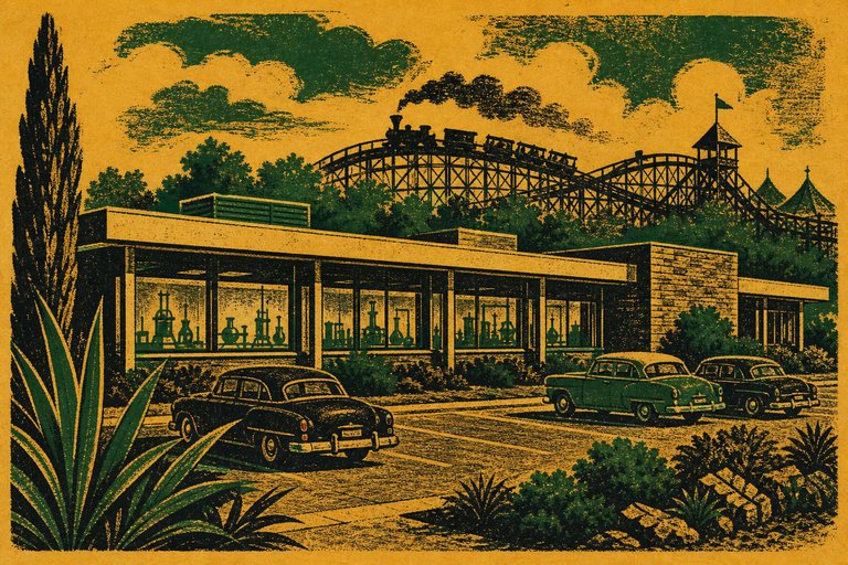 A low glazed laboratory block with a landscaped car park and a scenic railway silhouette behind, drawn as a two-ink letterpress print