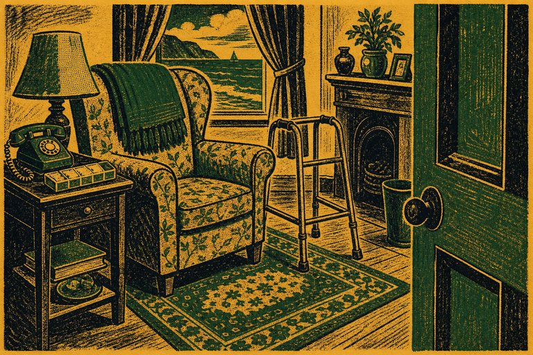 A front room seen from the doorway with an armchair, a walking frame and a pill organiser, drawn as a two-ink letterpress print