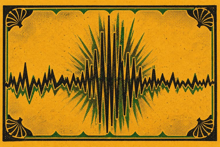 A ruled waveform crossing a plain field, rising into a dense burst and settling again, drawn as a two-ink letterpress print