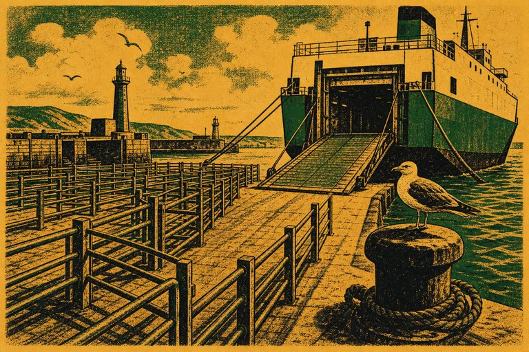 Empty steel pens on a quayside running down to a lowered stern ramp, drawn as a two-ink letterpress print