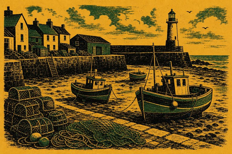 Small inshore fishing boats afloat in an inner harbour with pot stacks on the quay, drawn as a two-ink letterpress print