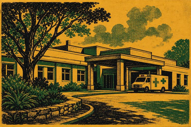 A low hospital block with a canopied entrance and an ambulance bay