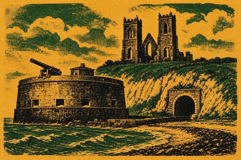 A round coastal artillery fort, a ruined twin-towered church behind it, and the mouth of a chalk tunnel