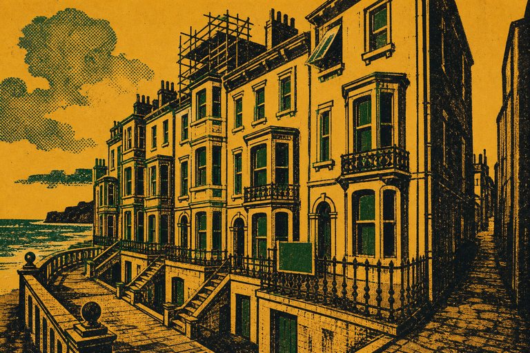 A terrace of tall seaside houses with basement areas and railings, one under scaffolding, drawn as a two-ink letterpress print