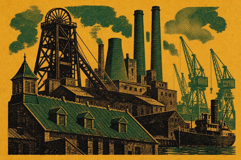 A colliery headgear, cement chimneys, a maltings roof and dockside cranes layered one behind another, drawn as a two-ink letterpress print