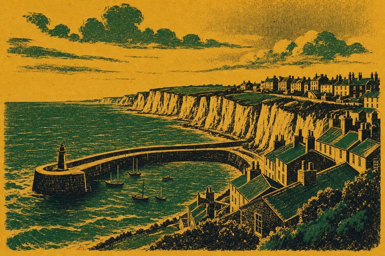 A chalk-cliff coastline with a curving harbour arm and terraced seafront rooftops, drawn as a two-ink letterpress print