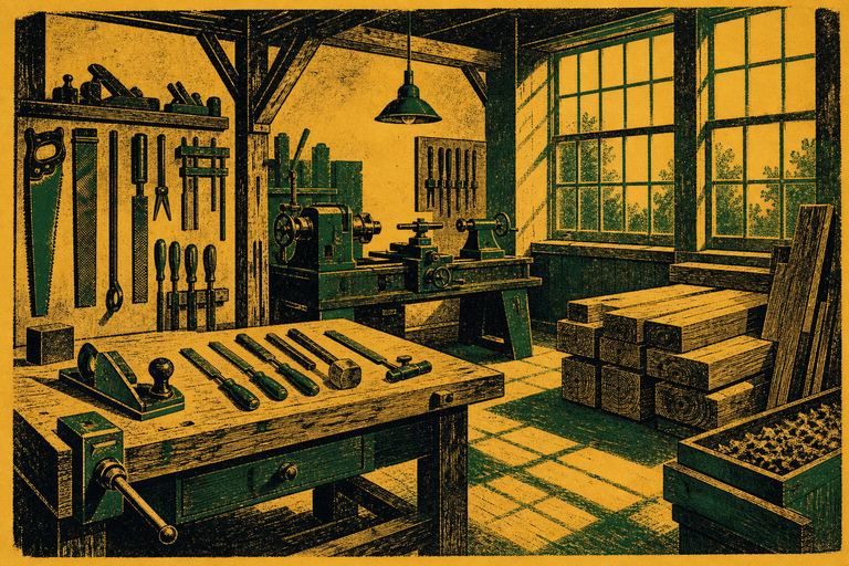 A college workshop bench with hand tools laid in order, a lathe and stacked timber under high windows