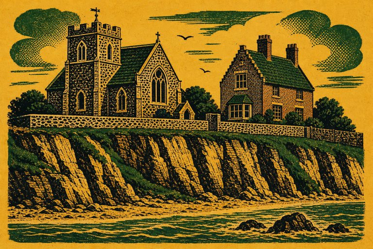 A Gothic Revival flint church with a squat tower beside a steep-gabled brick house on a clifftop, drawn as a two-ink letterpress print
