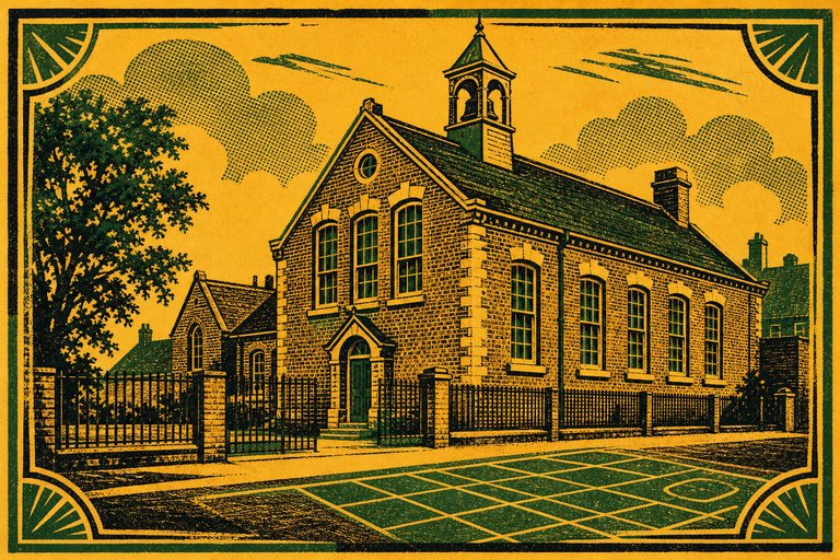 A brick school hall with tall sash windows and a bell cupola above an empty painted playground, drawn as a two-ink letterpress print