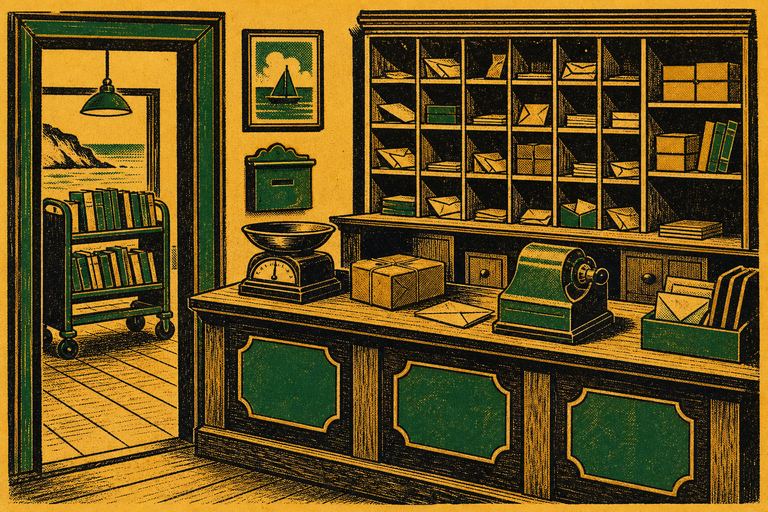 A small-town shop counter serving as a post office, with a scale, a stamp franker and pigeonholes behind