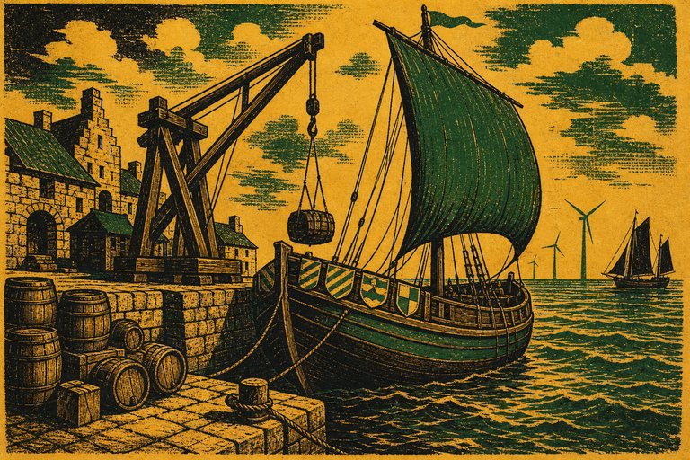 A beamy sailing hoy at a stone quay with stacked barrels and a crane derrick, wind turbines faint behind, drawn as a two-ink letterpress print