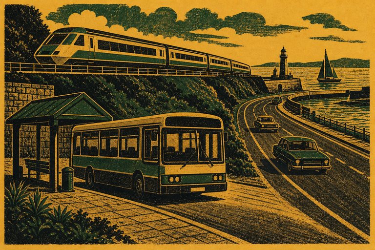 A single-deck bus at a shelter with a train on an embankment behind and a dual carriageway curving past a harbour arm, drawn as a two-ink letterpress print