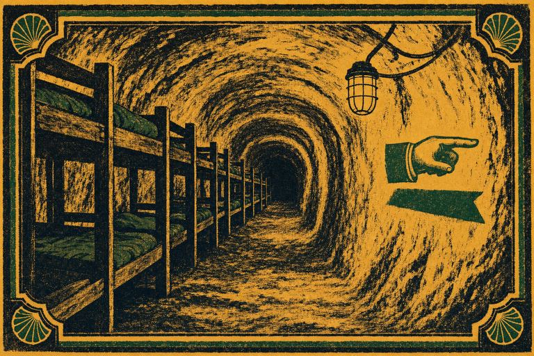 The interior of a chalk-cut tunnel receding into darkness, with a bulkhead lamp and bunk frames along one side