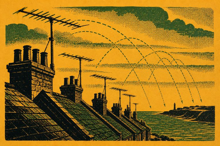 Rooftop television aerials against a coastal sky, with layered bands of warm air lying over a flat sea