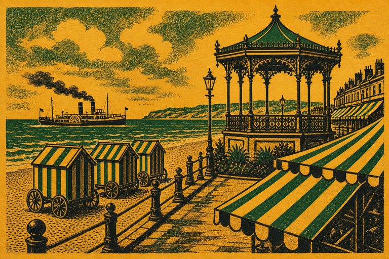 A Victorian promenade with a bandstand, bathing machines on the shingle and a paddle steamer offshore, drawn as a two-ink letterpress print