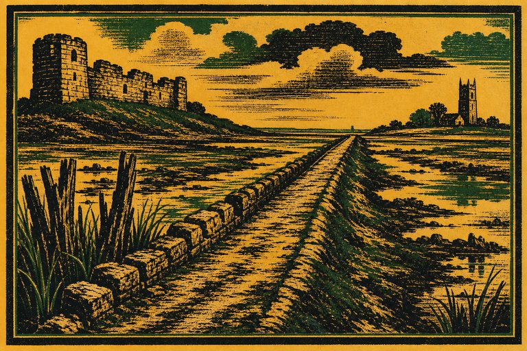 A drained marsh with a dyke running to the horizon, a ruined fort wall at one end and a church tower at the other, drawn as a two-ink letterpress print